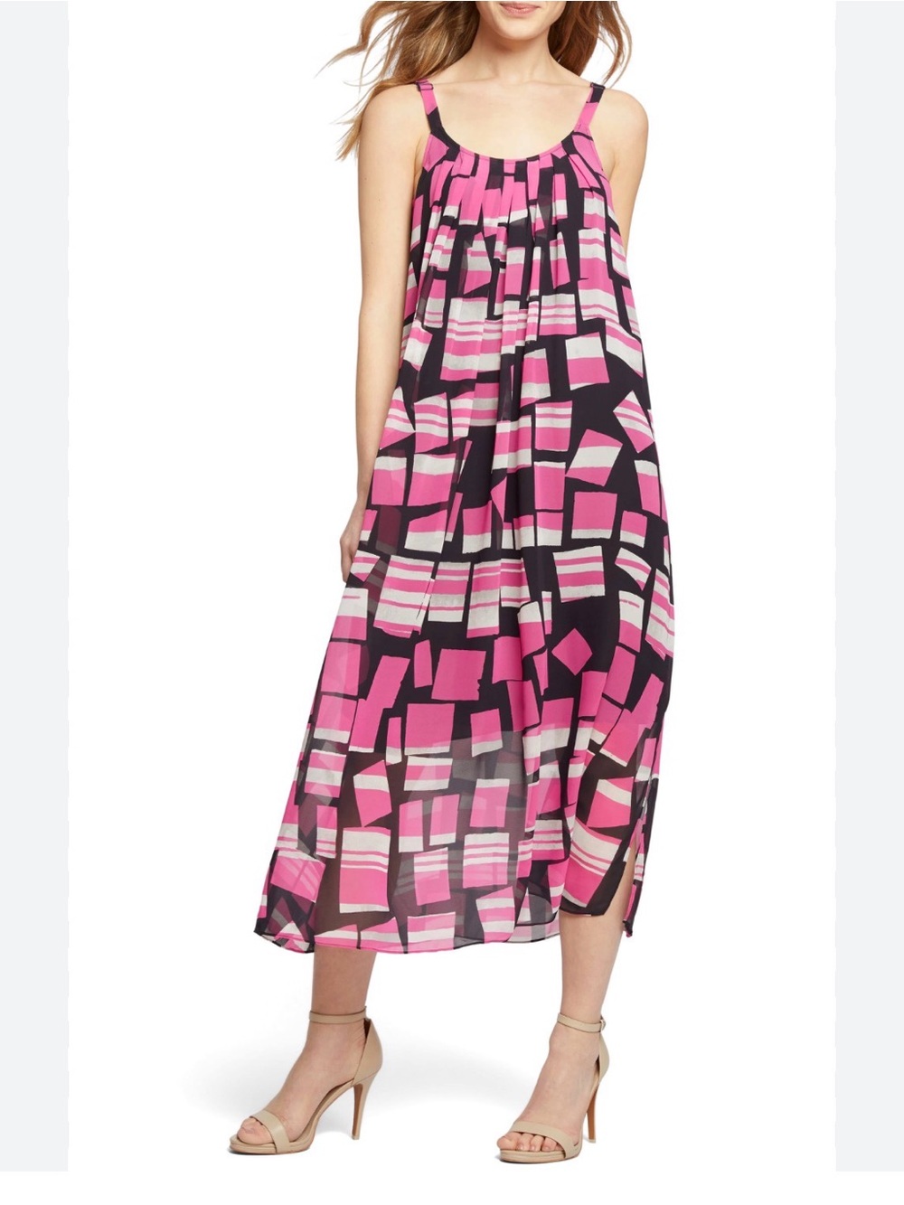 NIC + ZOE Geometric Pink & Black Sleeveless Midi Dress SZ L